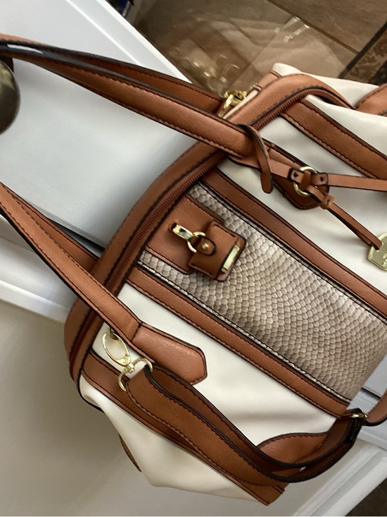 Handbags - Cream and Tan Women's Satchel Handbag, no marks in or out